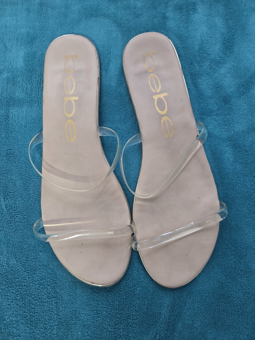 bebe Clear-Strap Slide Sandals in Nude/Transparent